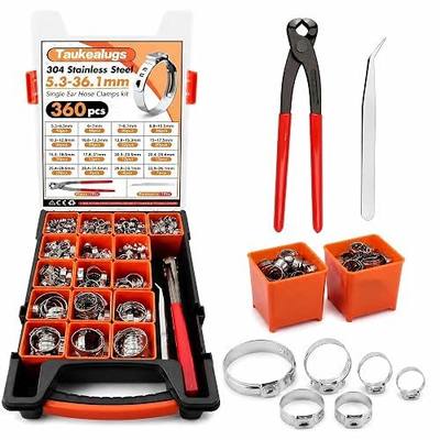 360Pcs Single Ear Hose Clamps Kit,Stepless 5.3-36.1mm 304 Stainless Steel Hose Repair Clamp Cinch Rings,Ear Clamp Pliers Tool with Portable Toolbox for Automotive Fuel Line Plumbing PEX DIY
