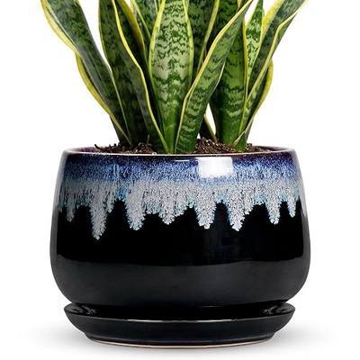 Ceramic Plant Pots - 9 Inch Flower Pots for Indoor Plants, Decorative Pots for Plants with Drainage and Saucer, Large Planter, House Office Decor, Gardening Gifts for Women, Black-Blue
