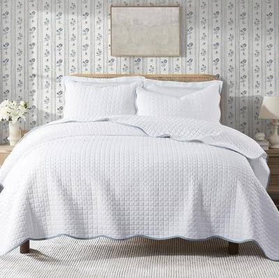 WDCOZY White Queen Size Quilt Bedding Set, Scalloped Farmhouse Country Rustic Lightweight Soft Coverlet, Cute Cozy Kantha Pick Stitch Bedspread, 2 Pillow Shams, Blue Edge White Stitching