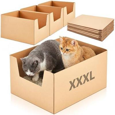 Lounsweer 4 Pack XXL Disposable Litter Boxes for Large Cats 19 x 15 x 11.75 in High Sided Leakproof Cardboard Disposable Litter Box Self-Adhesive Recyclable Travel Moving Temporary Cat Waste Tray
