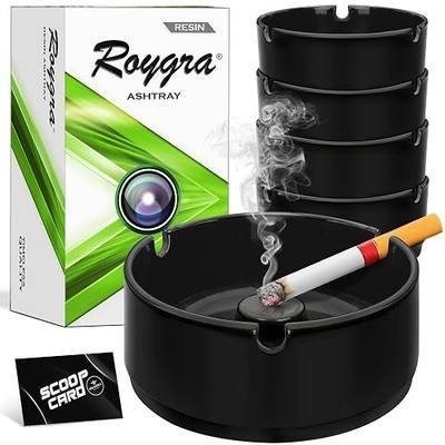 Ash Tray (5 Pack), Outdoor Ashtray for Outside Patio, Resin Ashtrays for Cigarettes with 3 Holder, Smoking Accessories, Home Décor, Stackable Ashtrays for Smokers Indoor - Black
