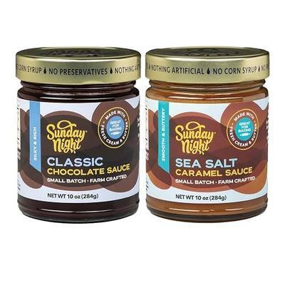 Sunday Night Foods Classic Chocolate and Sea Salt Caramel Sauce: Gourmet Chocolate and Caramel Sauces, Farm-Crafted, Gluten-Free, No Artificial Ingredients, Silky Smooth, Rich and Buttery Caramel, Perfect for Desserts and Drinks, Great Luxury Gift Idea, Two 10 oz Jars (2-pack)