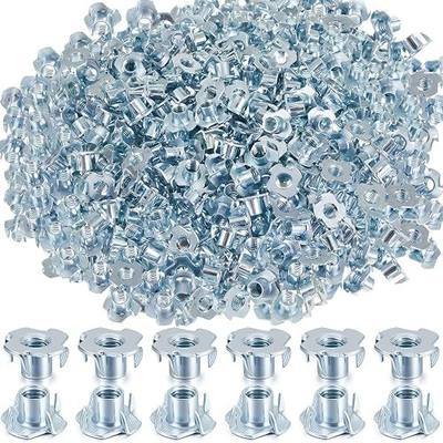400 Pcs T-Nuts 3/8"-16, Zinc-Plated Steel Corrosion Resistant, 7/16" Barrel Length, 4-pronged Climbing Wall Tee Nut for Rock Climbing Holds, Wood, Cabinetry (Blue Zinc)