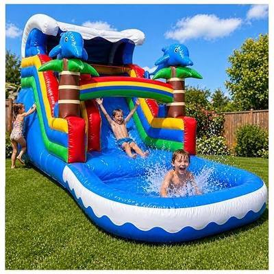 21FT Tropical Inflatable Water Slide with Pool, 25ft Long- 100% Commercial Grade PVC Vinyl, Front Load Entry for Easy Supervision Reinforced Strength Wet/Dry Fun