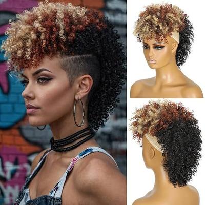 Mohawk Wig Kinky Curly Natural Black Mix Brown Blonde Ponytail with Bangs,Short Curly Synthetic Clip in Mohawk Ponytail Extension with Six Clips and Two Combs Fluffy Hair for Daily Party Use 2/30/27
