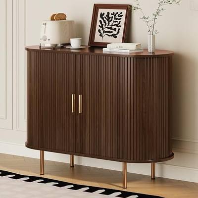 DHH Sideboard Buffet Cabinet with Storage,Mid Century Modern Fluted Accent Coffee Bar Console Table,Tambour Sliding Doors& Adjustable Shelf for Kitchen, Living Room, Entryway(Walnut, 40Inch)