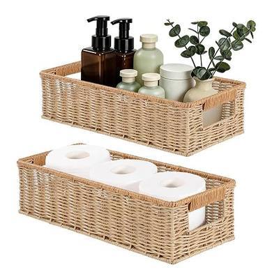 Rectangular Toilet Paper Baskets, 16 ¼"L x 6 ¾"W x 4 ½"H Nesting Plastic Wicker Basket Waterproof, Woven Long Narrow Baskets for Pantry Bathroom Toilet Tank Top Countertop, 2 Pack