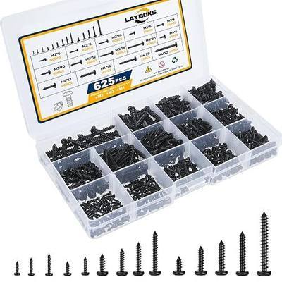 625 Pcs 14 Size Small Self Tapping Screws for Plastic and Metal, M2,M3,M4 Phillips Pan Head Small Screws,Black Carbon Steel Cross Recessed Round Head Self Tapper Screws Assortment Kit