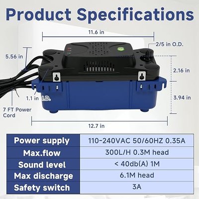 TPS-20 HVAC Condensate Pump 300L/H 20ft Lift for AC Units,Dehumidifiers | Auto safety switch & 20ft tube, 110-240V wide voltage. Fits AC, dehumidifiers, ice makers, furnaces & boilers