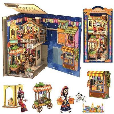 Cutefun Book Nook Kits for Adults, Mexican Art & Culture DIY Miniature House Dollhouse Bookend, 3D Wooden Puzzle with LED for Bookshelf Insert Decor, Creative Gifts for Teens (Plaza de Los Muertos)
