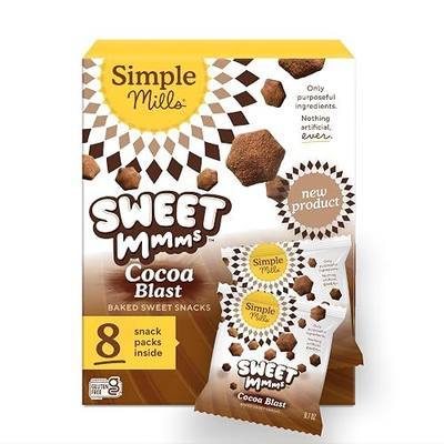 Simple Mills Cocoa Blast Sweet Mmms Baked Snack Packs, 8 Total Count, Bite-Sized Gluten Free Snacks Dusted with Cocoa Powder, Sweetened with Coconut Sugar, Light and Airy Crispy Texture, 0.7 oz
