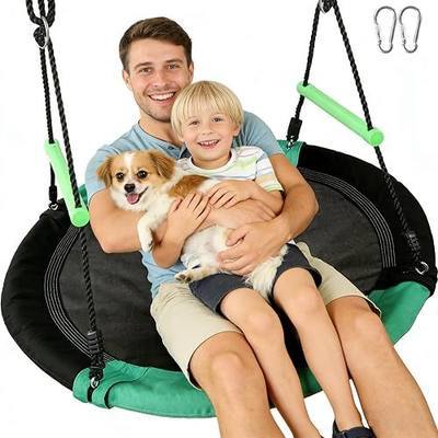 40-Inch Round Saucer Tree Swing for Backyard Fun,Heavy-Duty Steel Frame with Thick Foam Cover & Durable Water-Resistant Oxford Fabric and Handles (Black+Green, 40 Inches Diameter)