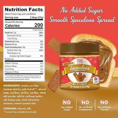ChocZero Sugar Free Smooth Speculoos Cookie Butter, 12 oz Jar | No Sugar Alcohols, Keto, Low Carb, High Fiber, Gluten Free, For Spreading, Dipping & Baking
