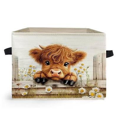Farmhouse Highland Cow Storage Box Bins, Rustic Daisy Floral Heifer Collapsible Storage Basket Organizer for Girls Bedroom Laundry Room Home Clothes Books, Decor for Room