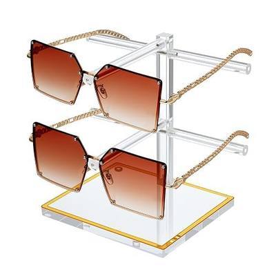 2-Tier Acrylic Sunglasses Display Stand, Clear Glasses Stand for 2 Pairs, Luxury Gold Trimmed Eyeglasses Holder for Oversized Frames & Reading Glasses, Compact Nightstand Desktop & Retail Counter