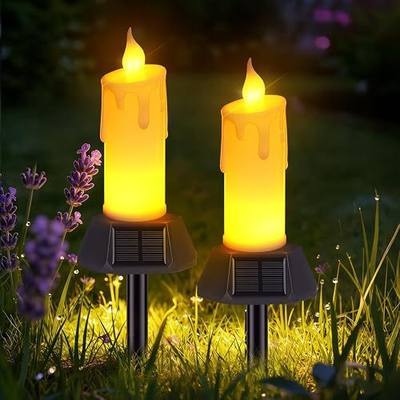 Flameless Grave Candles for Cemetery, Memorial Remembrance Climbing Flame Candles, Solar Powered Waterproof Outdoor Plastic Pillars with Detachable Stake (2 Pack)