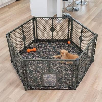 MyPet Petyard Protect Bundle: Freestanding 6-Panel Hunter Green Yard with Lockable Pet Door and Camo SecureMat for Pets, Indoor/Outdoor Portable Dog Pen