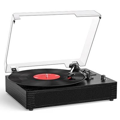 Vinyl Record Player with Bluetooth, 3-Speed Belt-Drive Turntable with Built-in Speakers, Easy Setup for Beginners, USB Recording, RCA/AUX/Headphone Jack, Classic Black Wood Design