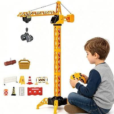 35.5-Inch 6 Channel RC Tower Crane for Kids, Remote Control Crane Toy with LED Lights, 360° Rotating Lift Construction Vehicles with Grabber, Log, Lifting Basket, Educational Learning Toys for Boys