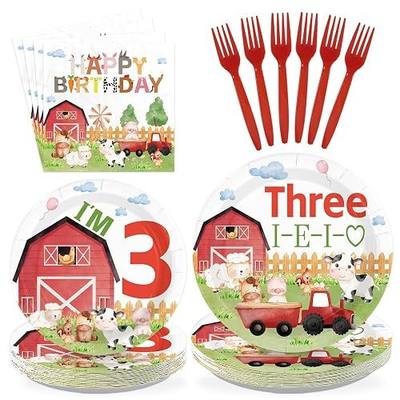 96 Pcs Farm 3rd Birthday Party Decorations for Girls, Serves 24 | Three I E I O Farm Party Plates and Napkins Farm Animal 3rd Birthday Themed Party Tableware Set for 3 Year Old Birthday