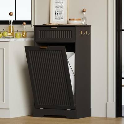 13 Gallons Tilt Out Trash Can Cabinet, Wooden Fluted Trash Garbage Cabinet with Drawers, Hidden Laundry Hamper with Hooks for Kitchen Living Room, Black