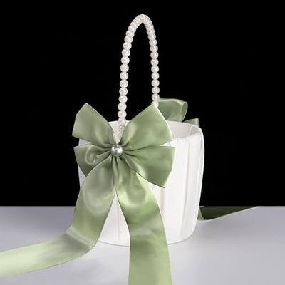 Flower Girl Baskets for Wedding,Flower Girl Basket With Pearl Handle,Wedding Baskets for Flower Girls (Sage Green)