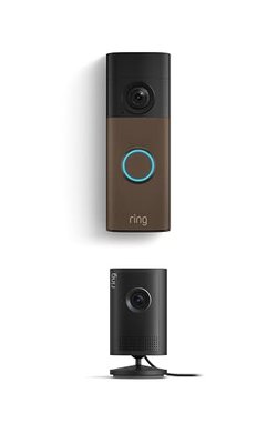 Ring Battery Doorbell (newest model), Matte Mocha with Indoor Cam Plus, Black