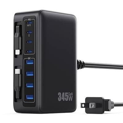 345W USB C Charger 10 in 1 Retractable Wall Charger with 2 Cables,GaN 6 USB C Charging Station Phone Charging PD Laptop Charger Adapter for MacBook Pro/Air,DELL,iPhone17/16/15,Galaxy S24,Android etc