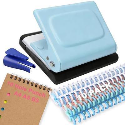 10 Hole Punch Binding Machine for Planner, Manual Binding System with 10 Multi-Color Binder Rings for Making 26 Holes on B5, 30 Holes on A4, 20 Holes on A5 Book, 10 Sheet Capacity (Blue)