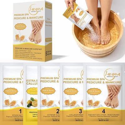 Deluxe Pedicure Kit 5 Step Spa Set – Epsom Salt Soak, Callus Remover Gel, Sugar Scrub, Collagen Mask & Shea Butter Lotion – Professional At Home Foot Care (Milk & Honey, 01 Set)