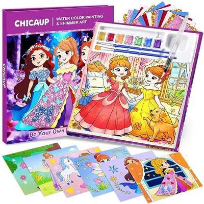 CHICAUP Paint with Water Coloring Books & Shimmer Art Kit for Kids, Princess Themed Arts and Crafts Set with Watercolor Painting Kit, Travel Art Supplies for Girls Ages 4-8 Birthday Christmas Gift