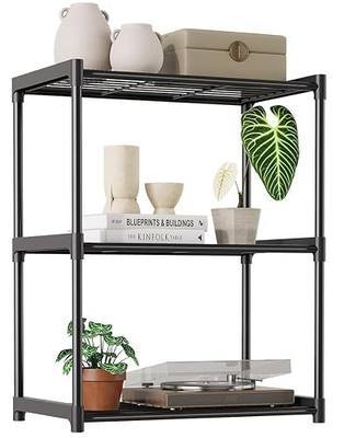 3-Tier Storage Shelves with Plastic Connectors – Metal Shelf Organizer for Pantry, Closet & Bathroom, Space-Saving Sturdy Shelving Unit Rack, Black, 17.3" x 12.8" x 28.9"