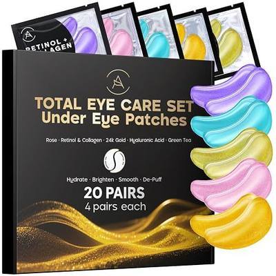 AURAE Variety Under Eye Patches (20 Pairs) - Eye Mask for Dark Circles, Puffiness & Wrinkles Care - 5 Varieties with Hyaluronic Acid, Green Tea, Rose, 24K Gold and Retinol & Collagen