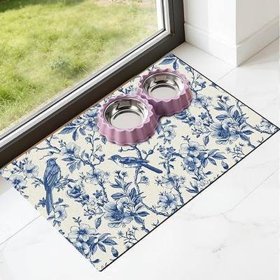 Dog Cat Food Mat - Absorbent Quick Dry Dog Bowl Mats for Food and Water, Anti Slip Cat Feeding Placemat for Floors, Diatomite Pet Dish Matts Accessories Supplies, Floral Bird Style, 12*20in