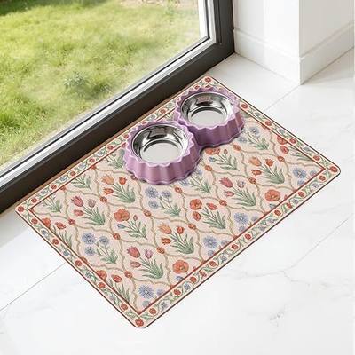 Dog Bowl Mat for Food and Water - Hamdwerk Absorbent Anti Slip Cat Feeding Mats for Floors, Quick Dry Pet Dog Feeding Matts, Diatomite Pet Dish Placemat Supplies, Vintage Floral Style, 12 * 20in
