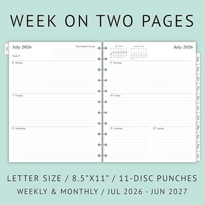 2026-2027 Weekly Planner Refills for 11-Discbound Notebooks, Jul 2026 to Jun 2027, Monthly Tabs, 11-Disc Punches, Letter Size, 8-1/2" x 11"
