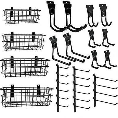 30 PCS Slatwall Hooks Accessories Set, 4 Pack Ventilated Metal Wire Slatwall Baskets and 26Pcs Multisized Heavy Duty Slat Wall Hook for Garage Workshop Room Storage Organization (Black-30Pcs)