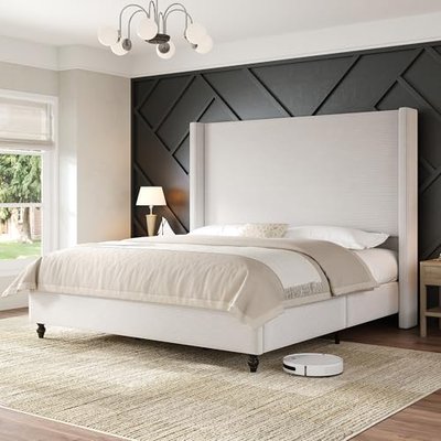 AMERLIFE Queen Upholstered Bed Frame with 63" Headboard & Wingback, Cream