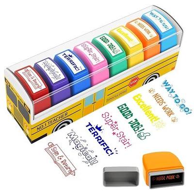 Teacher Stamps for Grading, Teacher Appreciation Gifts, School Bus Self Inking Teacher Stamps Set for Classroom, Back to School Supplies, Motivational Reward Stamps with Sign Return Good Job (8 Pcs)