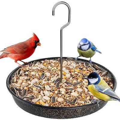 iBorn Hanging Bird Feeder Tray, Metal Mesh Bird Feeder Bowl with Thick Metal Hanger, Sturdy & Durable Bird Feeders for Outdoors, Easy to Refill & Clean, Pack of 1, Black