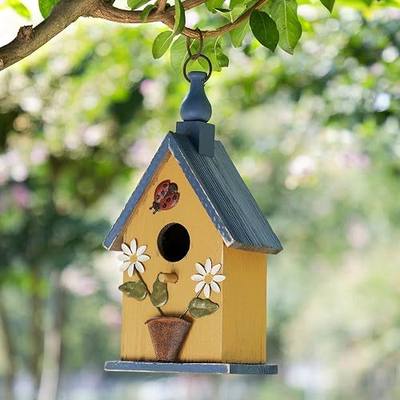 Glitzhome Birdhouses for Outdoors, Hanging Bird Houses for Outside, 12.25" H Washed Yellow Distressed Solid Wood Decorative Pet Cottage Outdoor Garden Birdhouse with Ladybug and Flowers