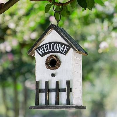 Glitzhome Bird Houses for Outside, Birdhouses for Outdoors, 11" H Washed White Solid Wood Bird Houses Fence Garden Hanging Birdhouses for Bluebird Swallow Sparrow Hummingbird Finch Cardinals