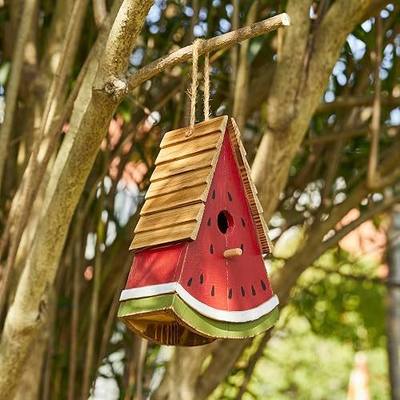 Glitzhome Bird House for Outside, Hanging Birdhouse for Outdoors, 11" H Watermelon Handmade Distressed Solid Wood Bird Houses Garden Decorative Birdhouses for Hummingbird,Sparrow,Wren Finch