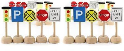 Attatoy Kids Wooden Street Signs Playset (14-Piece Set), Wood Traffic Signs Perfect for Car & Train Set (Pack of 2)
