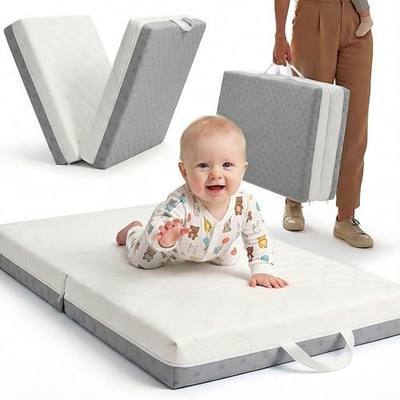 Bi-Fold Pack and Play Mattress, 3 Inch Thick Soft & Firm Memory Foam Breathable Portable Pack n Play Mattresses, Baby Playpen Mattresses with Removable Washable Cover 38x26x3 Inch - Gray