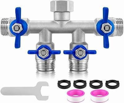 4 Way Garden Hose Splitter, 304 Stainless Steel Hose Splitter with 4 Shut-Off Valves, Heavy Duty Outdoor Faucet Adapter, 3/4" GHT Full Flow Hose Connector for Garden Irrigation