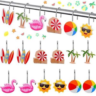 Thyle 12 Pcs Summer Shower Curtain Hooks, Summer Party Resin Ornament Rings Beach Theme Shower Curtain Hooks for Bathroom Bedroom Accessories