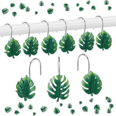 Thyle 12 Pcs Tropical Leaf Shower Curtain Hooks, Hawaiian Resin Ornament Rings Summer Shower Curtain Hooks for Bathroom Bedroom Accessories