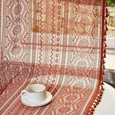 MYSKY HOME Terracotta Boho Lace Sheer Curtains 84 inch Length 2 Panels Burnt Orange Sheer Floral Vintage Bohemian Crochet Geometry Curtains with Tassels for Living Room Bedroom Rod Pocket, 55" W