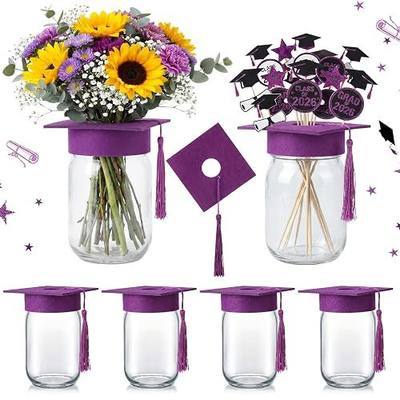 Qinyoung 6 Pcs 2026 Graduation Table Decoration Centerpiece Class of 2026 Graduation Decoration for Table Mason Jar with Grad Cap for Centerpiece Flower College High School Congrat Grad Party (Purple)